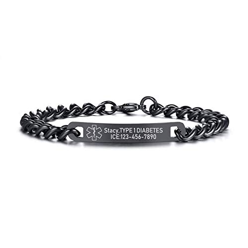 VNOX Medical Alert ID Bracelet - Mens Womens Stainless Steel ID Tag Medical Alert Emergency Bracelet,7.2/8/8.4 Inches