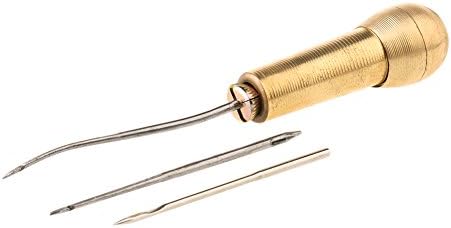 Holeco 3 Needles Copper Handle Sewing Awl Hand Stitcher Shoe Repair Tool for DIY Sewing Repairing Canvas Leather (Gold)