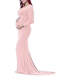 Saslax Maternity Elegant Fitted Maternity Gown Long Sleeve Slim Fit Maxi Photography Dress Pink S