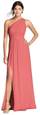 David's Bridal Long Chiffon Bridesmaid Dress with Asymmetric Neckline Style F18055 at Amazon 
