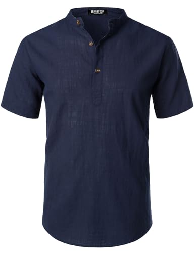 JEMITOP Men's Summer Lightweight Cotton Linen Shirts Casual Short Sleeve Breathable Banded Collar Henley for Beach Vacation