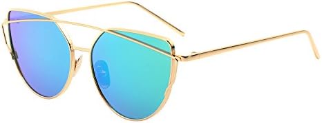 YANQIUYU Stylish Metal Frame Cat Eye Sunglasses for Women Mirrored Flat Lens (Green Lens/Gold Frame, 58)