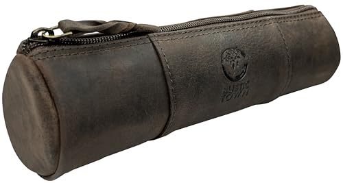 Rustic Town Leather Pencil Case - Zippered Leather Pen Case Pouch for Work and Office (Dark Brown)