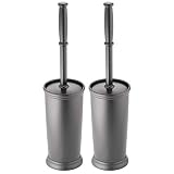 mDesign Compact Freestanding Plastic Toilet Bowl Brush and Holder for Bathroom Storage and Organization - Space Saving, Sturdy, Deep Cleaning, Covered Brush - 2 Pack - Charcoal Gray