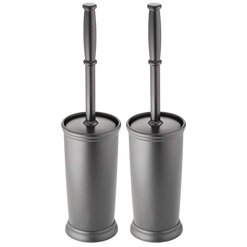 mDesign Compact Freestanding Plastic Toilet Bowl Brush and Holder for Bathroom Storage and Organization - Space Saving, Sturdy, Deep Cleaning, Covered Brush - 2 Pack - Charcoal Gray