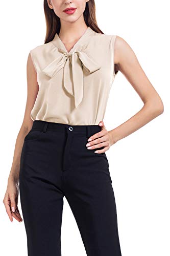 AUQCO Women's Chiffon Blouse Business Button Down Shirt for Work Casual with Long Sleeve/Sleeveless Beige