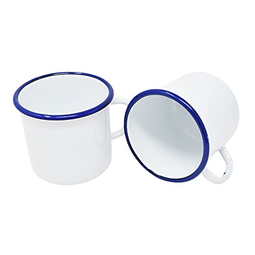 Set of 2 Enamelled Metal Mugs Cups - 400 ml - WHITE BLUE STRAIGHT