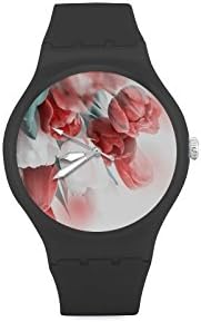 Custom Red and White Tulips Flower Unisex Round Rubber Sport Watch