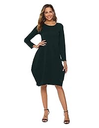 AUDATE - Vestido túnica de manga larga con dobladillo de burbuja y cuello redondo para mujer con bolsillos