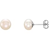 Solid 925 Sterling Silver 6-7mm White Freshwater Cultured Pearl Stud Earrings