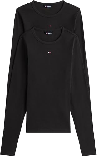 Donna Magliette Maniche Lunghe Confezione da 2 Slim Essential Rib Scollo Rotondo, Nero (Black/Black), XL