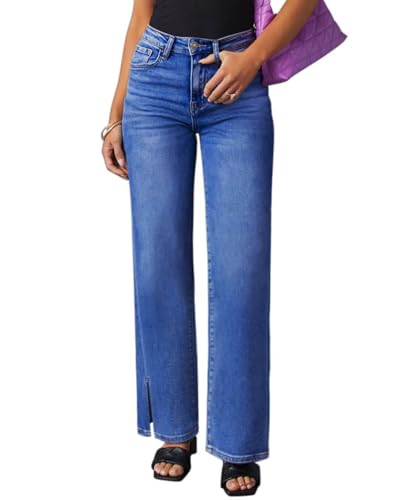 KDF Straight Leg Jeans for Women High Waisted Jeans Frayed Baggy Pants Raw Hem Loose Stretchy Cropped Wide Leg Jeans