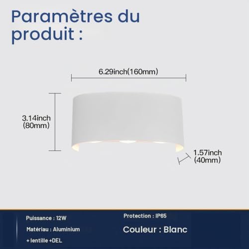 2 Pack Applique Murale Extérieur/Intérieur LED Appliques Extérieure 12W 1200lm ip65 imperméable moderne en aluminium up and down applique lumineuse spot Lampe Murale(blanc 4500k lumière naturelle)