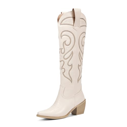 wetkiss Western Cowboy Boots with Chunky Heel, Beige, Size 7 at Amazon