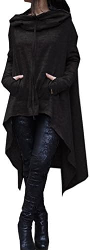 Evesymil Women Hooded Drawstring Asymmetrical Cloak Cape Pullover Casual Long Sweatshirt Outwear Black S