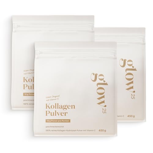 Glow25® Kollagen Pulver [3x450g] – Unser Original – Collagen Hydrolysat mit Vitamin C – Peptide Typ 1 und 3 – Gute Löslichkeit – Neutral