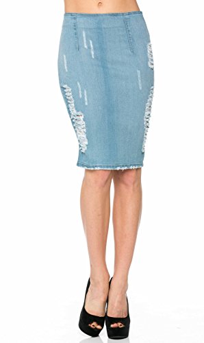 Slightly Distressed High Waisted Denim Pencil Skirt (Plus Sizes Available)