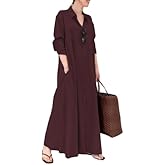 OSCORP Women's Oversized Long Sleeve Shirt Maxi Dress Button Down Collared Loose Fit Cotton Linen Dress for Daily Casual Wear