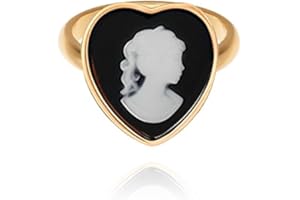 Antique Lady Cameo Black Heart Statement Ring for Women Gold-tone Victorian Portrait Engagement Anniversary Finger Rings Comf