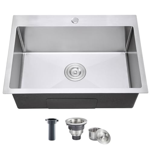 TSIBOMU 28 Inch Drop in Kitchen Sink, 18 Gauge 304 Stainless Steel Topmount Single Bowl Single Faucet Hole Handmade Kitchen Sink, 28" x 18" x 9"