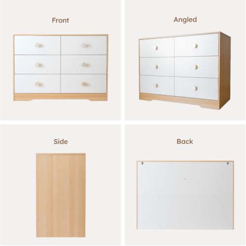 BERRY NEST Upgrade White Wood Dresser for Bedroom, 6 Drawer Dressers with Solid Wood Legs, Baby Dresser for Kids, Storage for Clothes and Baby Essentials