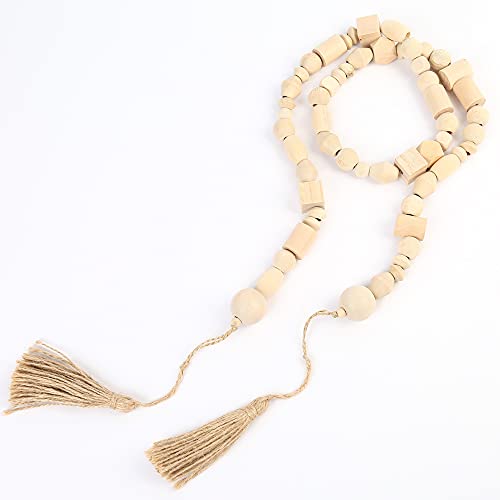 LotFancy Natural Wooden Bead Garland with Tassel, 60in / 5ft, Modern Farmhouse Boho Bead String for Décor, Various Shapes Design, for Home Wall Shelf Coffee Table