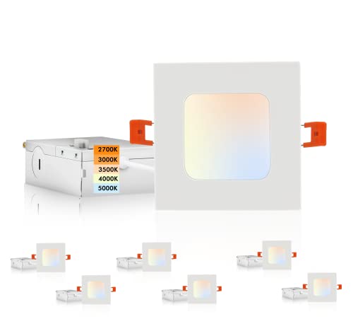 Cloudy Bay 6 Pack 4 Inch 5CCT Ultra-Thin LED Square Recessed Ceiling Light with Junction Box,2700K/3000K/3500K/4000K/5000K Selectable,10W Dimmable Canless Downlight,550LM