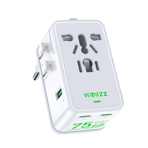 Adaptador de Viaje 75W, Adaptador Universal Europeo GAN de Carga rápida con 5 Puertos (1 AC, 1 USB-A y 3 USB-C), Adaptador de Enchufe con Chip Inteligente para más de 200 países, Blanco