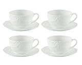 Gracie China, Victorian Rose Collection, 8-Ounce Cup and Saucer, White Fine Porcelain, Set of 4
