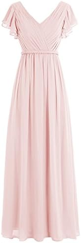 WenSai Women Pleated Long Bridesmaid Dresses Chiffon V Neck Cap Sleeves Pink us12