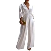 CHICME Women's V-Neck Half Sleeve Ruched Jumpsuit Casual Flowy Wide Leg Pants One Piece Jumpsuit