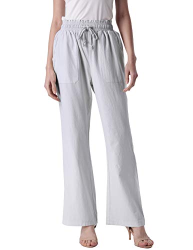 ANGGREK Womens Casual Solid Cotton Paper Bag Pants with Pockets Light Grey S