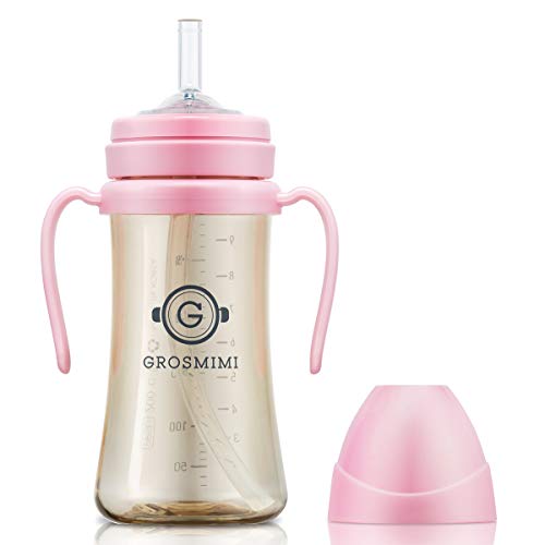 GROSMIMI Spill Proof No Spill Magic Sippy Cup with Straw with Handle for Baby and Toddlers, PPSU, BPA Free, 10 oz, Pink