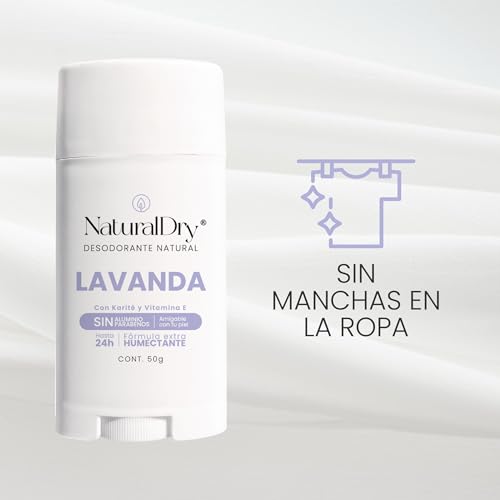 NaturalDry - Desodorante Natural Mujer - Sin Aluminio - Sin Parabenos - No obstruye los poros - Elimina el mal olor - NO HUELES - En barra olor Lavanda para axilas - Duración de 24h (1 unidad)