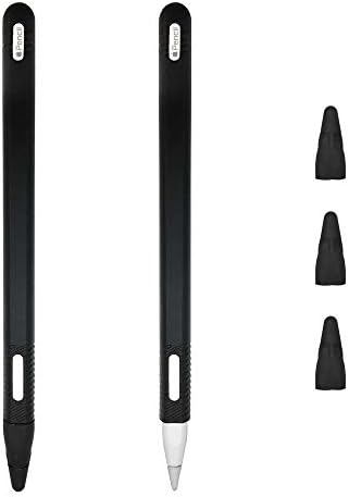 TechMatte Silicone Sleeve for Apple Pencil 2nd Generation (2-Pack) Protective Soft Skin Cover - Threaded Grip Design (2-Pack, 4 Removable Tips) (Black)