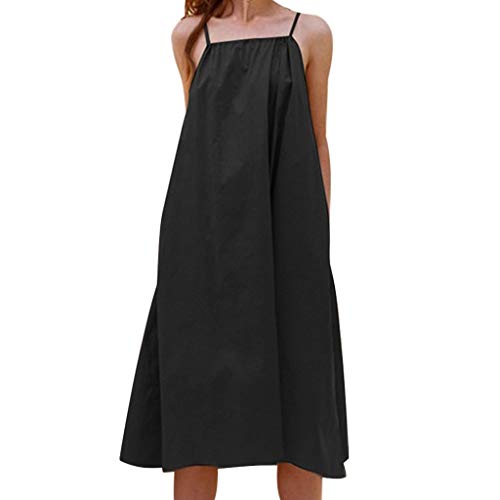 Kulywon Women Casual Sleeveless Spaghetti Straps Cotton Dungaree Dress Plus Size Black