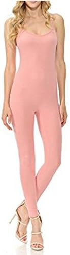 TJ CLOTHES Women’s Women Catsuit Cotton Spandex Tank Spaghetti Strapped Yoga Bodysuit Jumpsuit (Large, Pink)