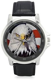 Friends/Husbands Gifts Sparking Bald Eagle American Flag Men's Black Leather Strap Watch