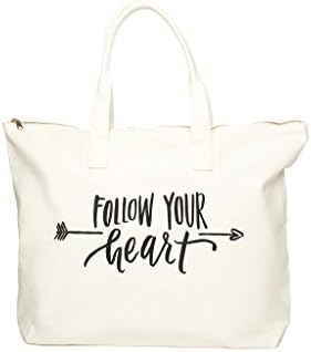 Canvas Tote Bag with Special Saying - Zipper Top, Interior Pocket, 100% Cotton (Natural - Follow Your Heart)