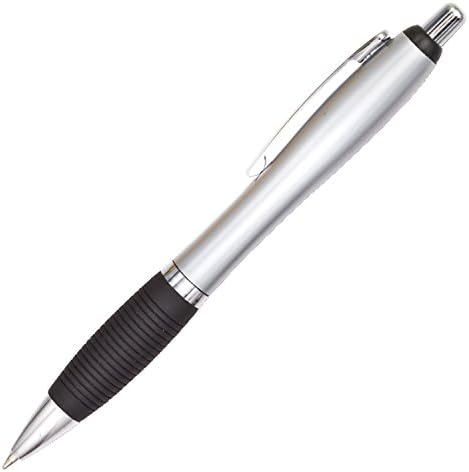 25 / 50 /100 Pieces bulk Classic Contoured shaped ballpoint pen with black ink &amp; rubber grip (25, Silver)