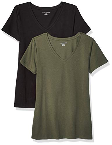 Amazon Essentials Women's 2-Pack Classic-Fit Short-Sleeve V-Neck T-Shirt, Olive/Black, XS