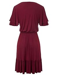 Jasambac Vestido de mujer con cuello en V y cintura plisada, manga corta, dobladillo con volantes, suelto, casual, con manga acampanada