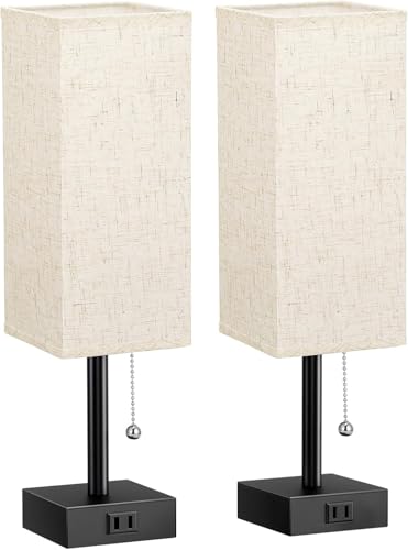 Bedside Table Lamps, Set of 2 - Small Rectangular Nightstand Lamp with AC Outlet Charging Port, 3 Color Temperatures Desk Light with Bulb, Tabletop Reading Lamp for Living Room, Dorm, Office