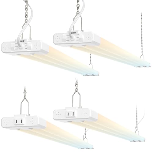 JESLED Linkable LED Shop Light for Garage, 4FT, 7500LM, Adjustable Power 30W/40W/50W, 3CCT 4000K/5000K/6500K, Plug-in Linear Worklight for Workshop, Hang or Flush Mount, ETL, EMC, FCC, White, 4-Pack