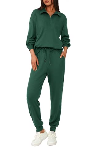BTFBM Survêtement 2 pièces pour femme - Tenue d'automne à manches longues - Demi-fermeture éclair - Pantalon de survêtement, Vert foncé uni., Medium