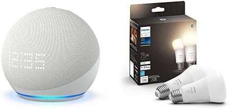 Echo Smart Speakers & Displays - Echo Dot (5th Gen) with Clock | Glacier White with Philips Hue 2-Pack White Smart Bulbs
