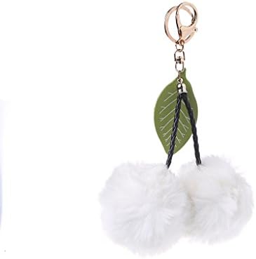 Kansea Rabbit Fur Key Chain Bag Charm Fluffy Puff Ball Cherry Ring Car Pendant(White)