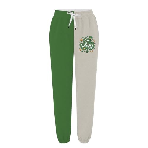 St Patricks Day Sweatpants Women Plus Size High Waisted Straight Leg Elastic Cuffed Irish Shamrock Sweats Green and White Pants Color Block Patchwork Saint Patricks Day Outfit