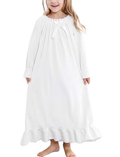 PUFSUNJJ Girls Princess Nightgown,Winter Long Sleeve Flannel Nightdress Pajamas Dress Kids 3-12 Years Offwhite