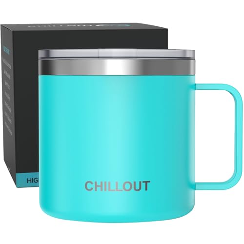 CHILLOUT LIFE Stainless Steel 16 oz Vacuum Insulated Coffee Mug with Handle and Lid, Large Thermal Camping Coffee Mug Cup with Durable Sliding Lid for Men & Women, Keeps your Beverages Hot/Cold